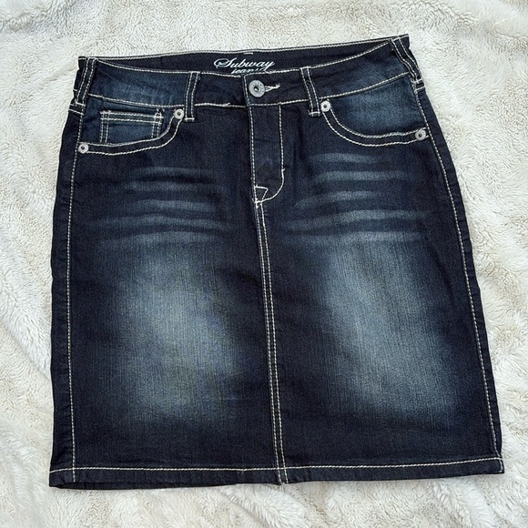 Subway Dark Wash Denim Pencil Skirt | Size 27 | Y2K Contrast Stitch Streetwear - Picture 1 of 6